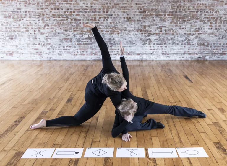 Two adults holding an interconnected pose. A line of flashcards of Language of Dance symbols in the foreground.